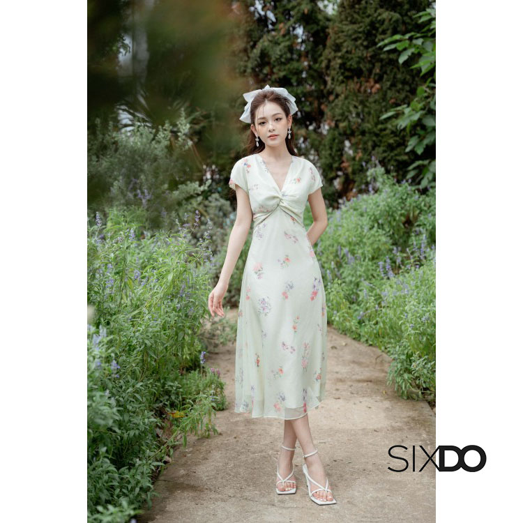 Đầm hoa midi cổ V xoắn ngực thời trang SIXDO