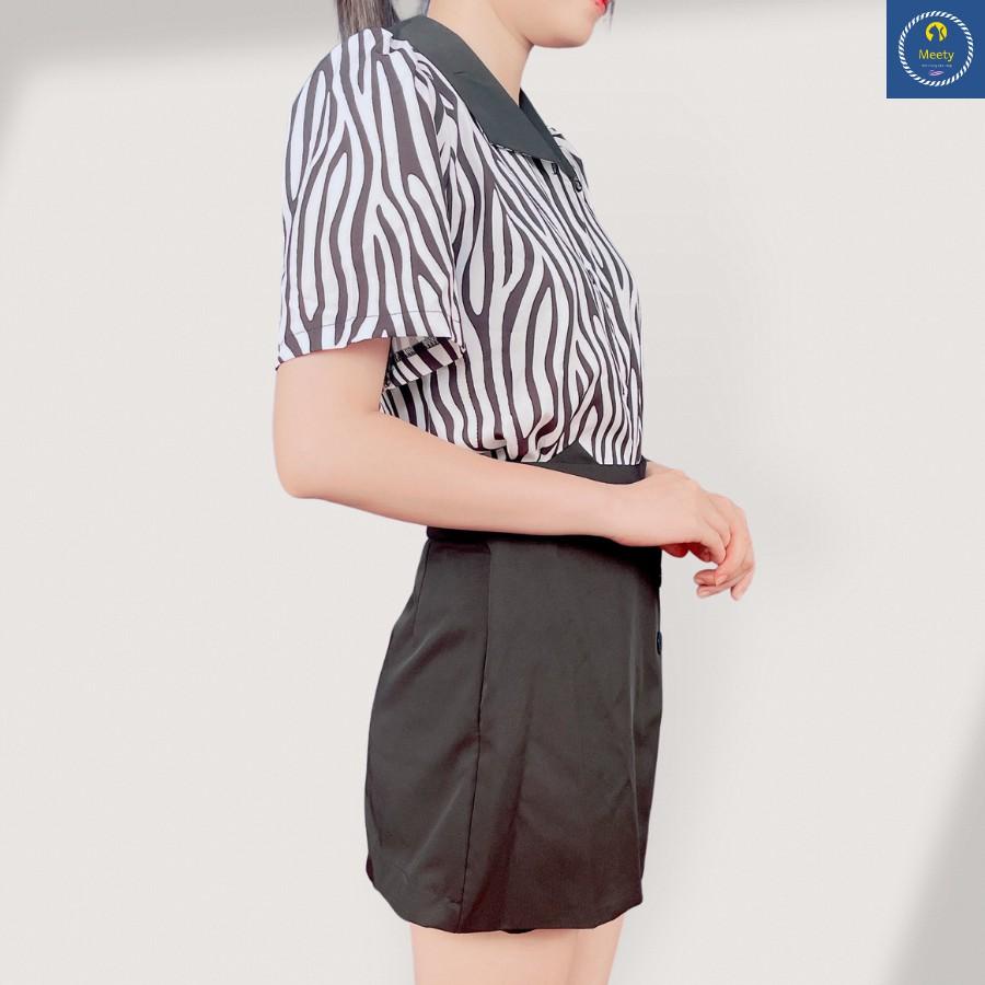 Set Áo Sơ Mi Họa Tiết Áo Sơ Mi Ngắn Tay Cổ Vạt Mix Quần Short Giả Váy Vải Voan Cá Tính, Xinh Xắn- Meety