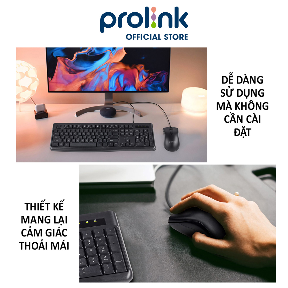 Bộ bàn phím chuột có dây PROLiNK PCCM2003 Fullsize cao cấp, chống thấm nước, độ nhạy cao dành cho máy tính, Laptop - Hàng chính hãng