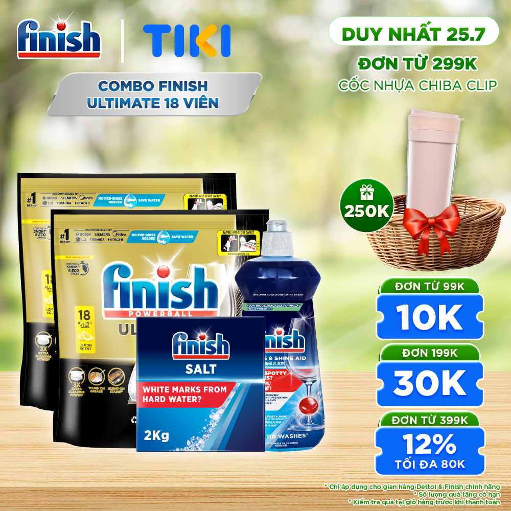 Combo 2 Viên rửa chén Finish Ultimate 18 viên + Nước làm bóng Finish 500ml + Muối rửa chén Finish 2kg