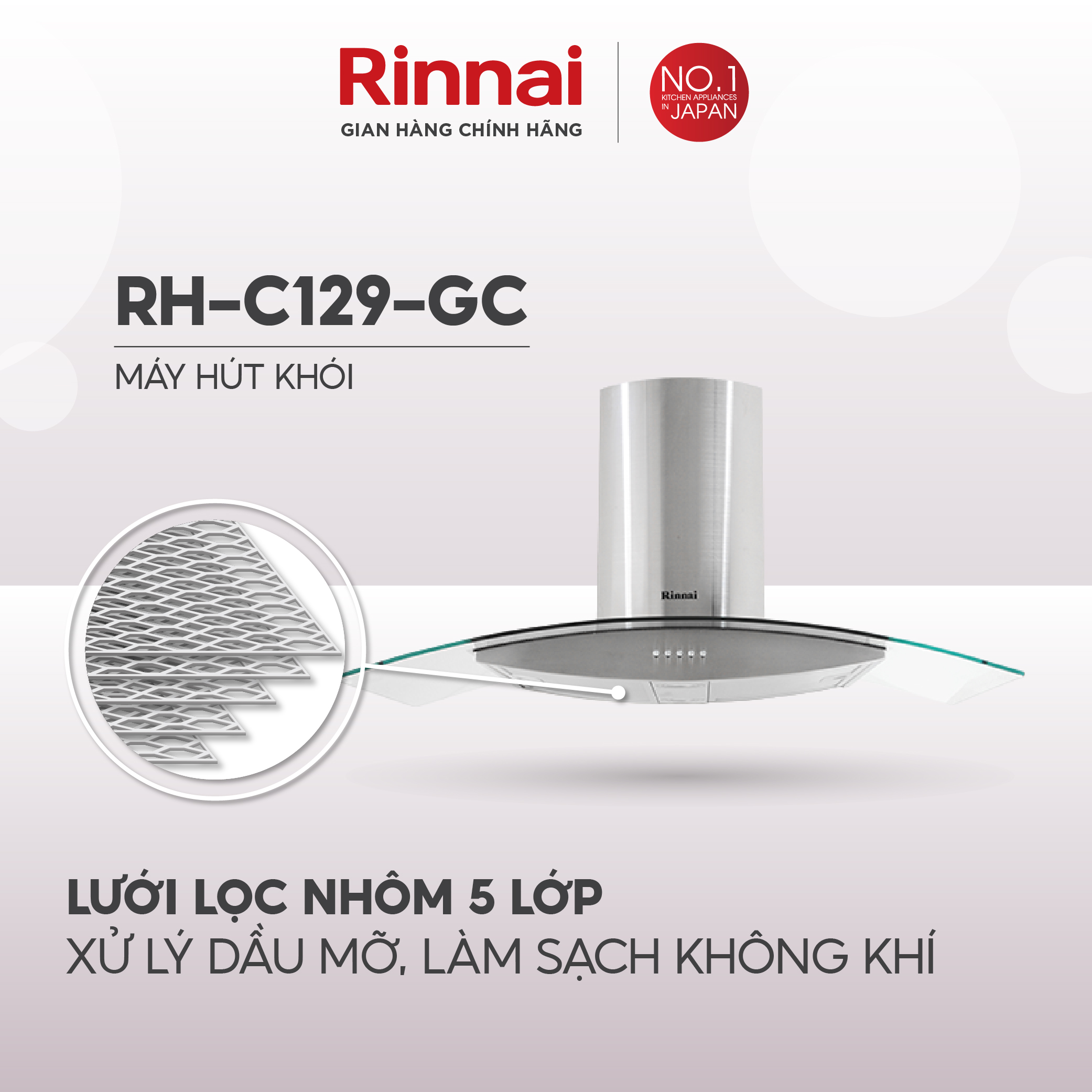 Máy hút mùi 90cm Rinnai RH-C129-GC than hoạt tính và ống thoát 260W - Hàng chính hãng.