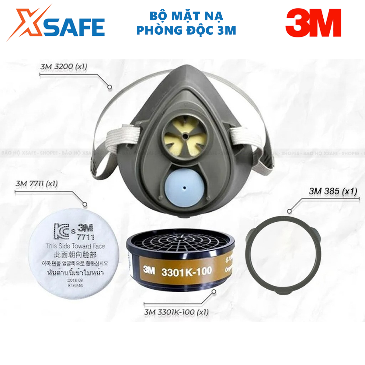 Bộ mặt nạ phòng độc 3M 3200-3301K-7711-385 (4 món) - Mặt nạ chống độc, bụi - Dùng phun sơn, phun xịt hóa chất