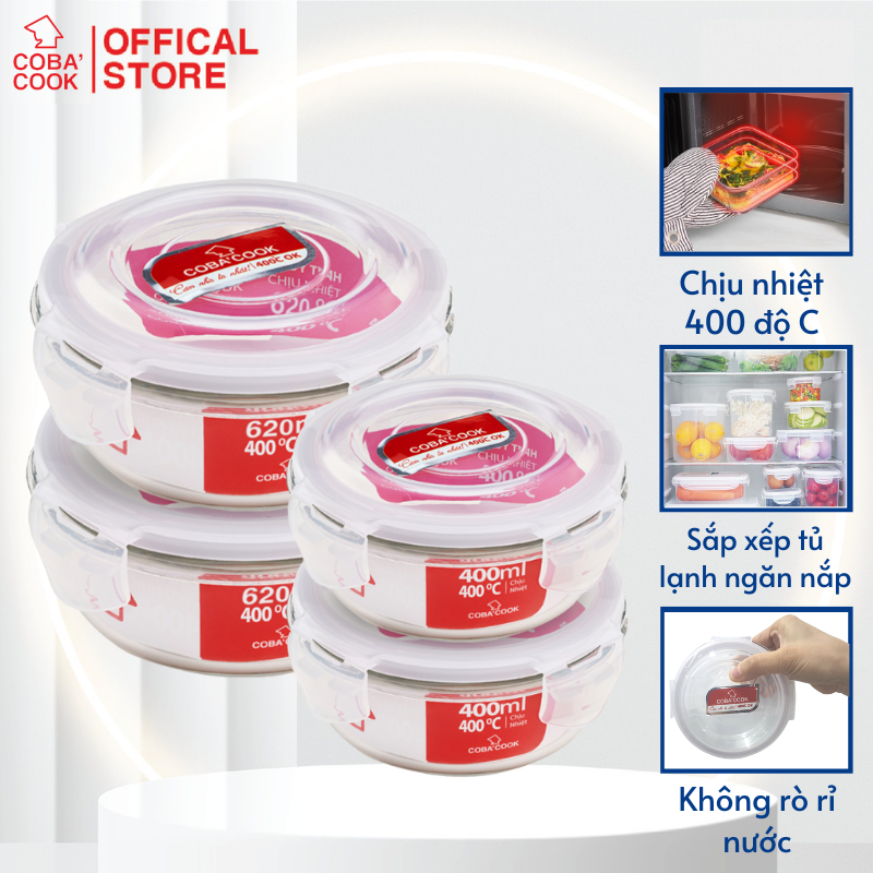 Bộ 4 hộp thủy tinh hình tròn trữ thực phẩm chịu nhiệt 2 hộp 620ml 2 hộp 400ml COBA'COOK -CCR6R44