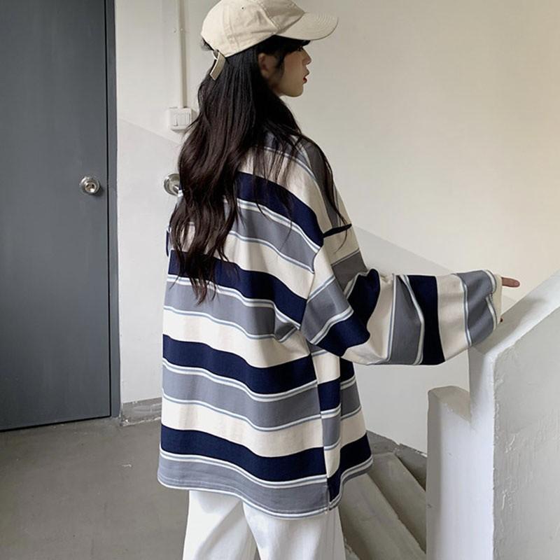 Áo Thun Dài Tay Dáng Rộng Với Họa Tiết Sọc Ngang Xinh Xắn Dành Cho Các Cặp Đôi