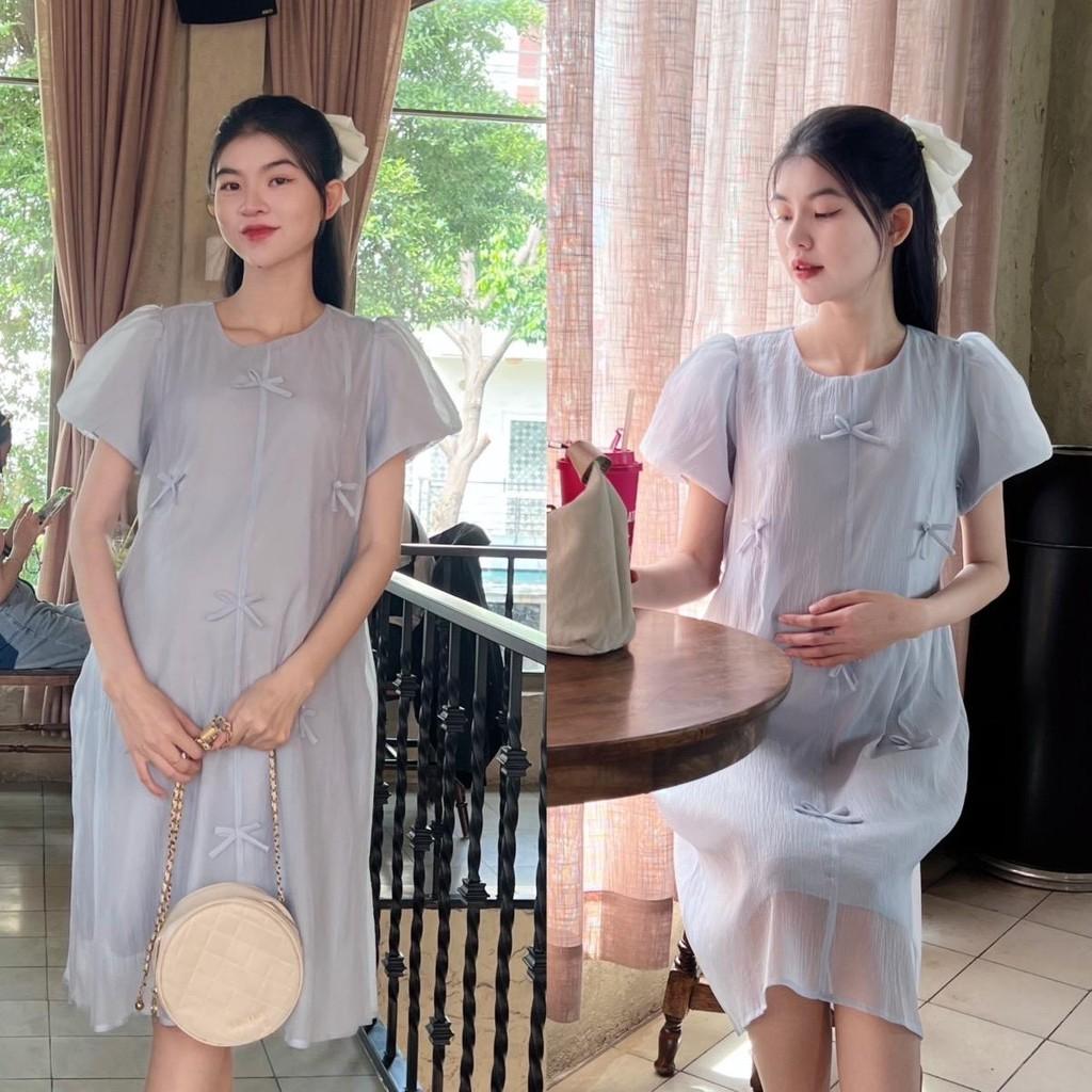 Đầm bầu tơ phom suông đính nơ nhẹ nhàng, dễ thương, sang chảnh Nữ Women - Xám