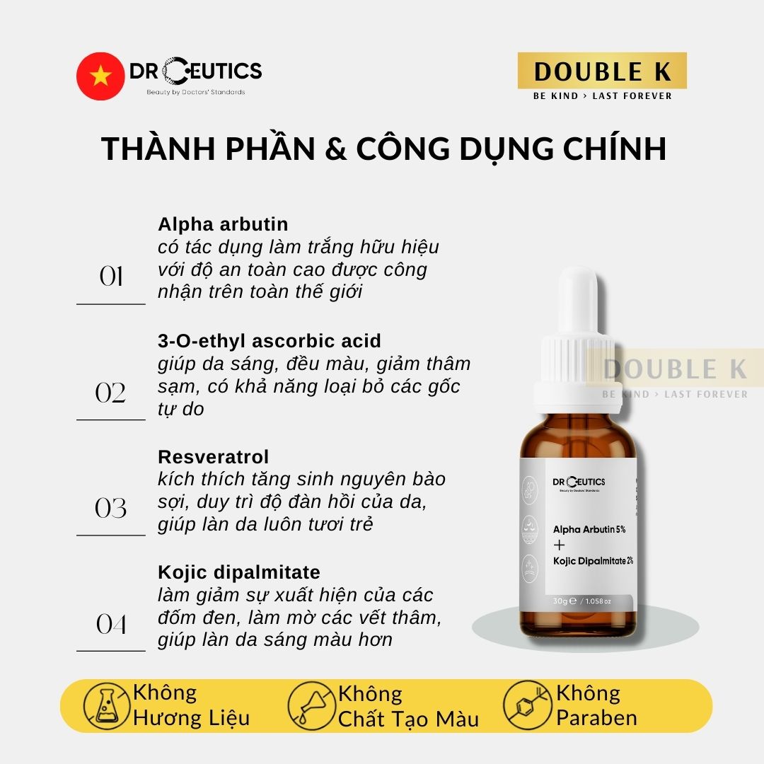 DrCeutics Alpha Arbutin 5% + Kojic Dipalmitate 2% - Serum Dưỡng Sáng Da, Mờ Thâm Sạm Nám - Double K