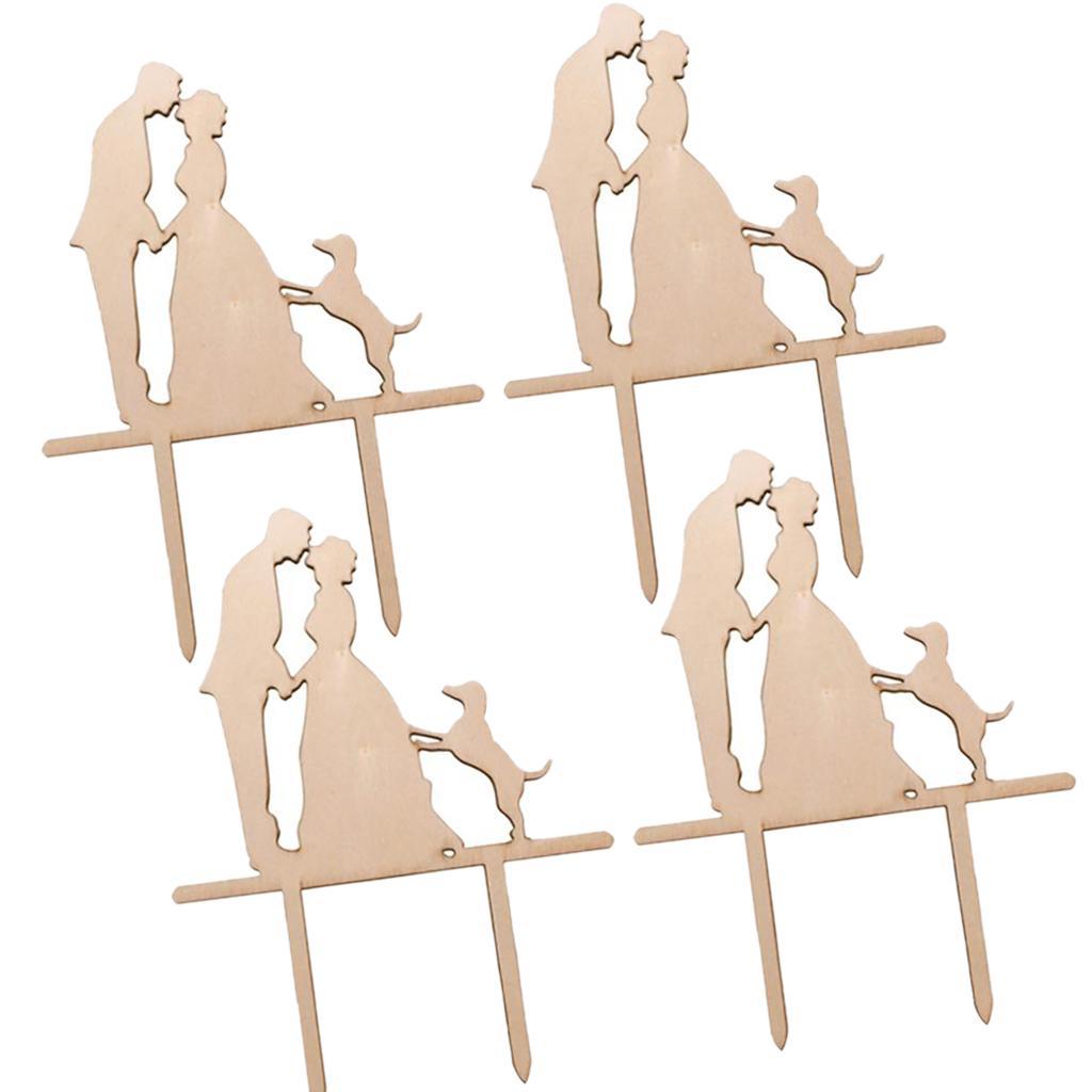 Pack of 4 Bride and Groom Silhouette with Dog Cake Topper Wedding Cake Decor