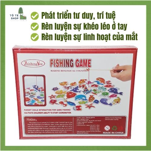 Bộ câu cá nam châm 32 con bằng gỗ, vừa chơi vừa học từ vựng tiếng Anh thông qua tên các loài cá.