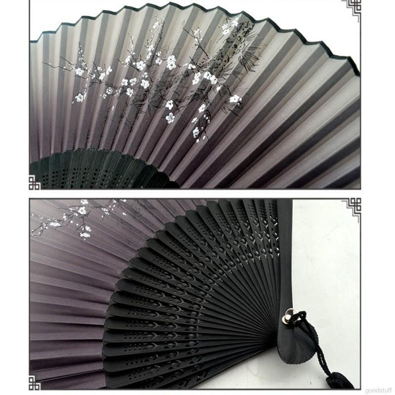 Quạt cầm tay vải lụa phối ren in hoa