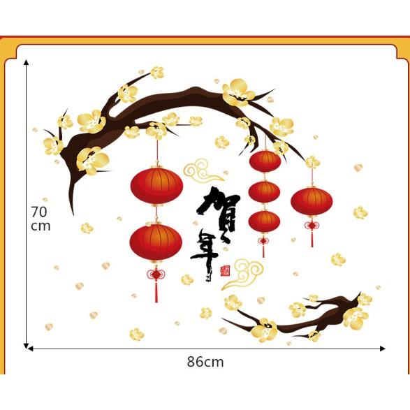 Decal trang trí Tết - Cành Mai Vàng lồng đèn đỏ đón Xuân