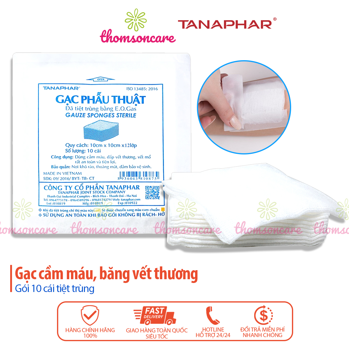 Gạc băng vết thương tiệt trùng chống nước, dùng trong phẫu thuật Tanaphar 10x10cm - Gói nhỏ 10 miếng