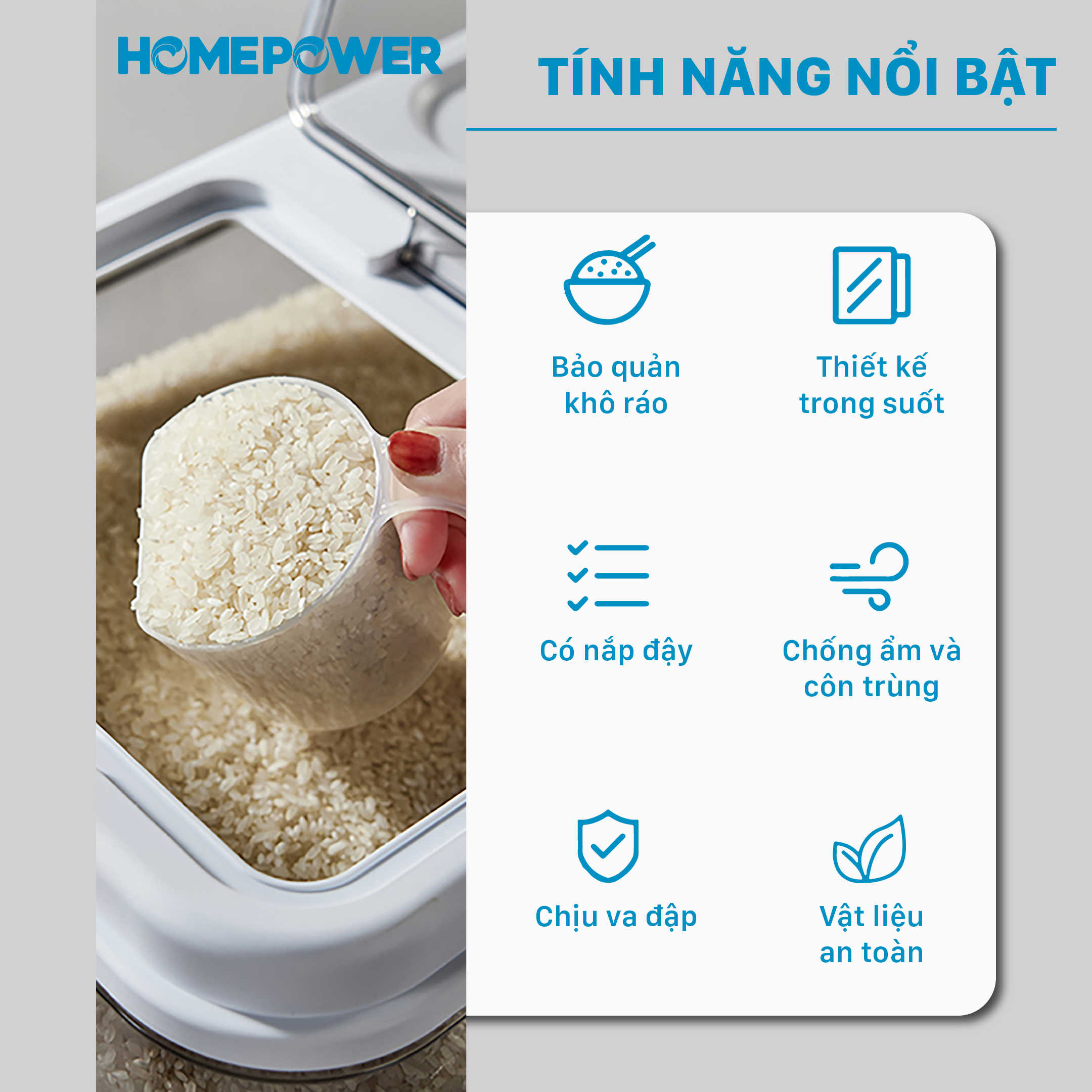 Thùng đựng gạo thông minh HOMEPOWER - Nắp lật từ tính, Vòng ghi chú thời gian, Chống côn trùng, ẩm mốc