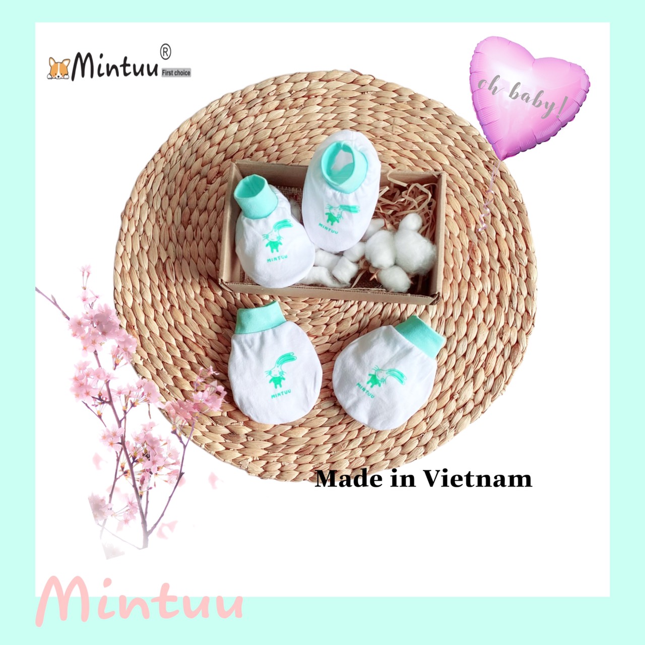 Bộ bao tay bao chân sơ sinh trắng cổ bo, thương hiệu MINTUU, chất liệu vải 100% cotton