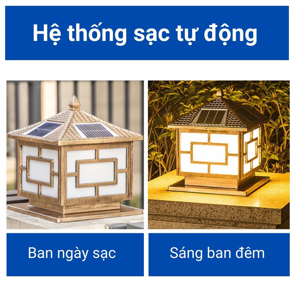 Đèn năng lượng mặt trời trụ cột sân vườn,Vỏ nhôm ,Tấm pin liền , kích thước 25x25cm