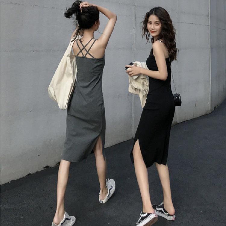 MS6790 Váy đầm body hai dây nữ xẻ tà chất liệu thun cotton