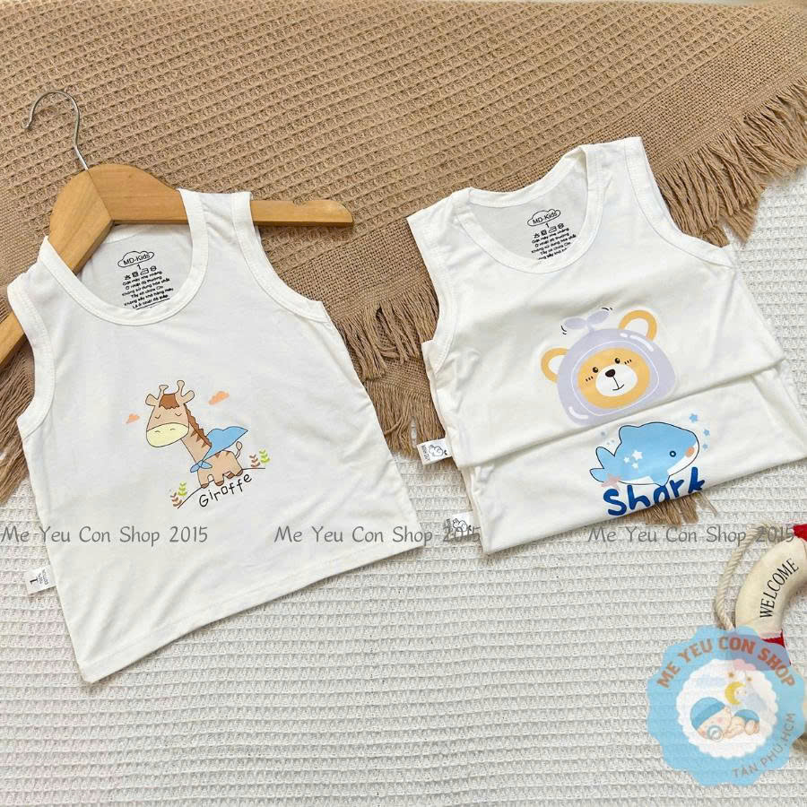 [4-14kg] Áo Ba Lỗ Sát Nách Trắng Kem Chất THUN LẠNH PETIT In Hình Dễ Thương Cho Bé