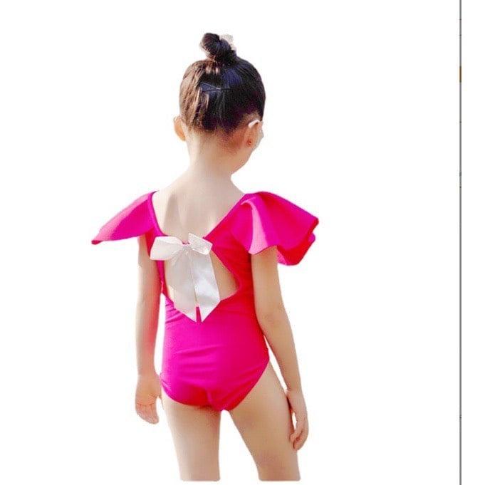 Đồ bơi trẻ em dành cho bé gái Bikini liền thân bèo cổ hoa hồng hở lưng cột nơ