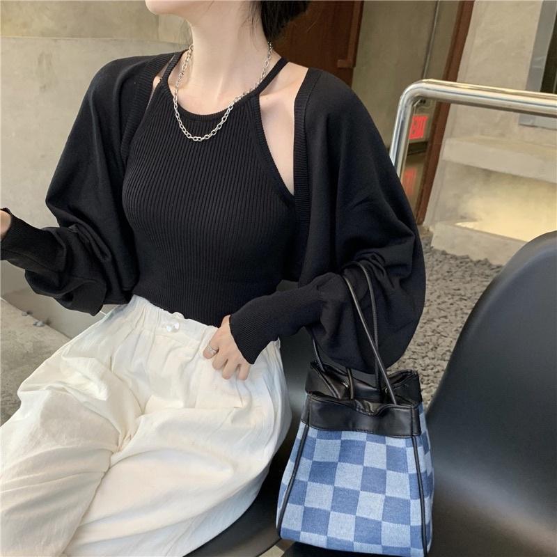 SET áo khoác yếm croptop chất bo gân dày tôn dáng che khuyết điểm bắp tay to vai thô ơi