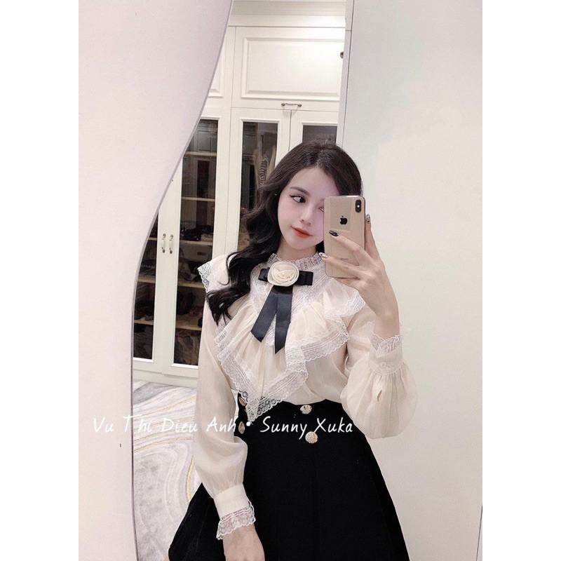 Áo sơmi hoa trà tay ren