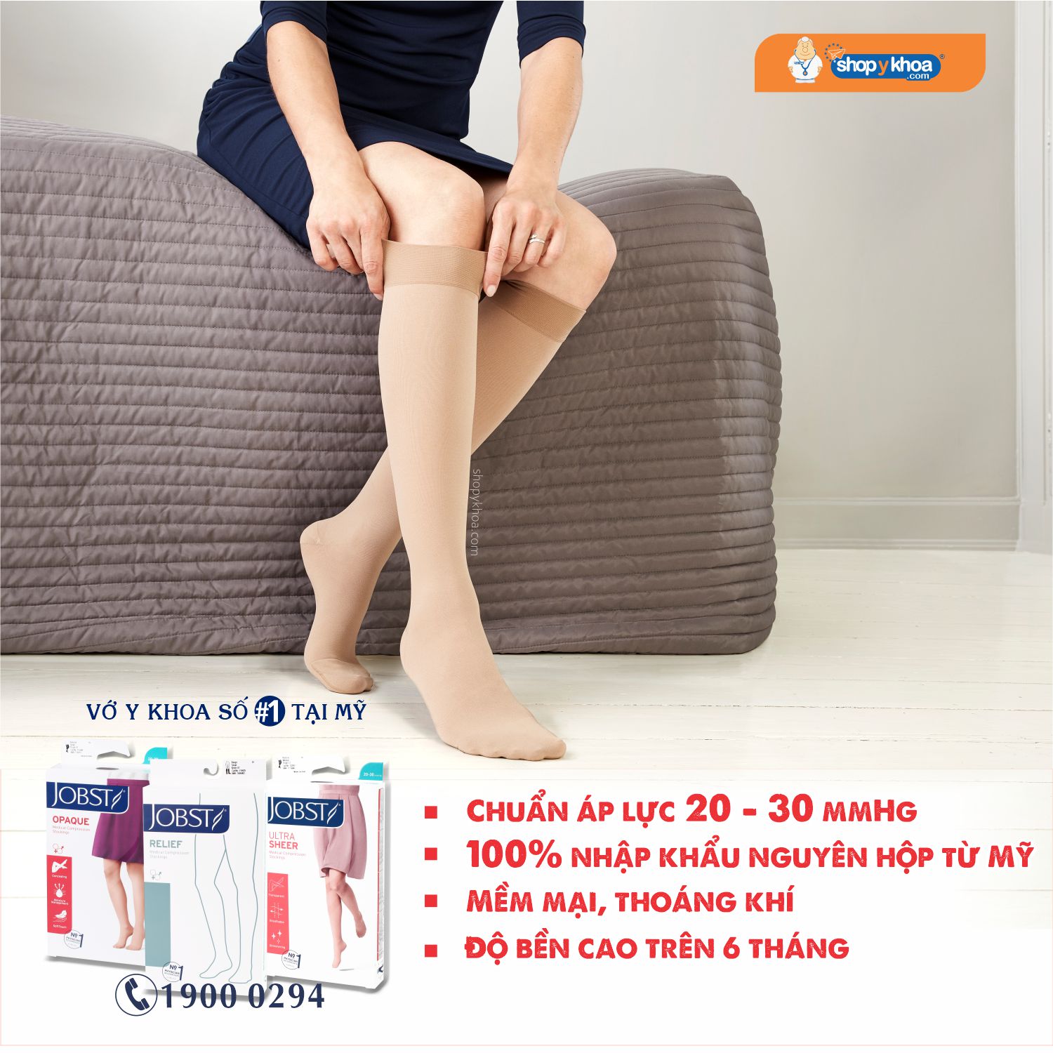 Combo 2 đôi Vớ y khoa gối JOBST Opaque - Mỏng, màu da, hở ngón, 20 - 30mmHg, giãn tĩnh mạch chân