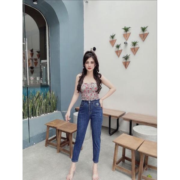 Quần Jeans Nữ Baggy Thêu Túi Cạp Cao