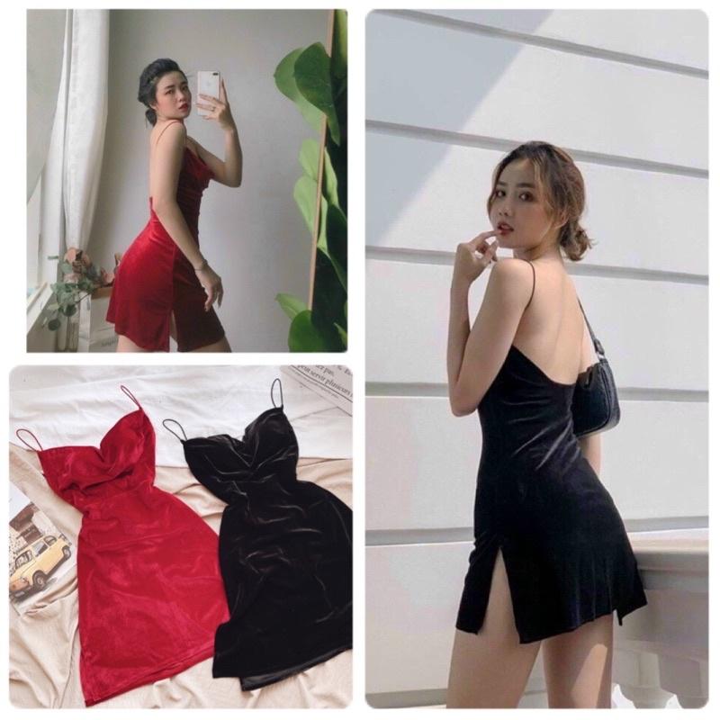 Đầm 2 dây hở lưng nhung, đầm body sexy quyến rũ