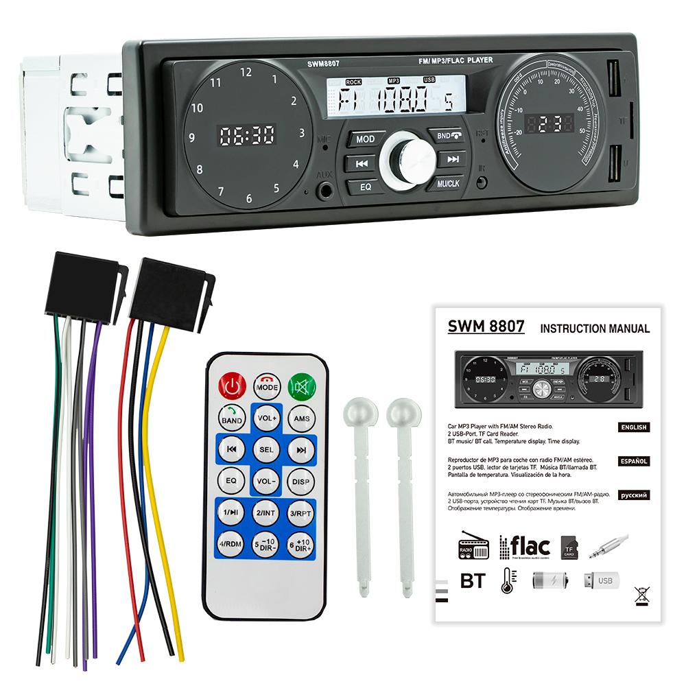 Car Stereo Receiver Single Din BT MP3 Player AM/FM Radio Support Time/Temperature Display Hands-Free Calls U-Disk/TF Card/AUX-in with Remote Controller