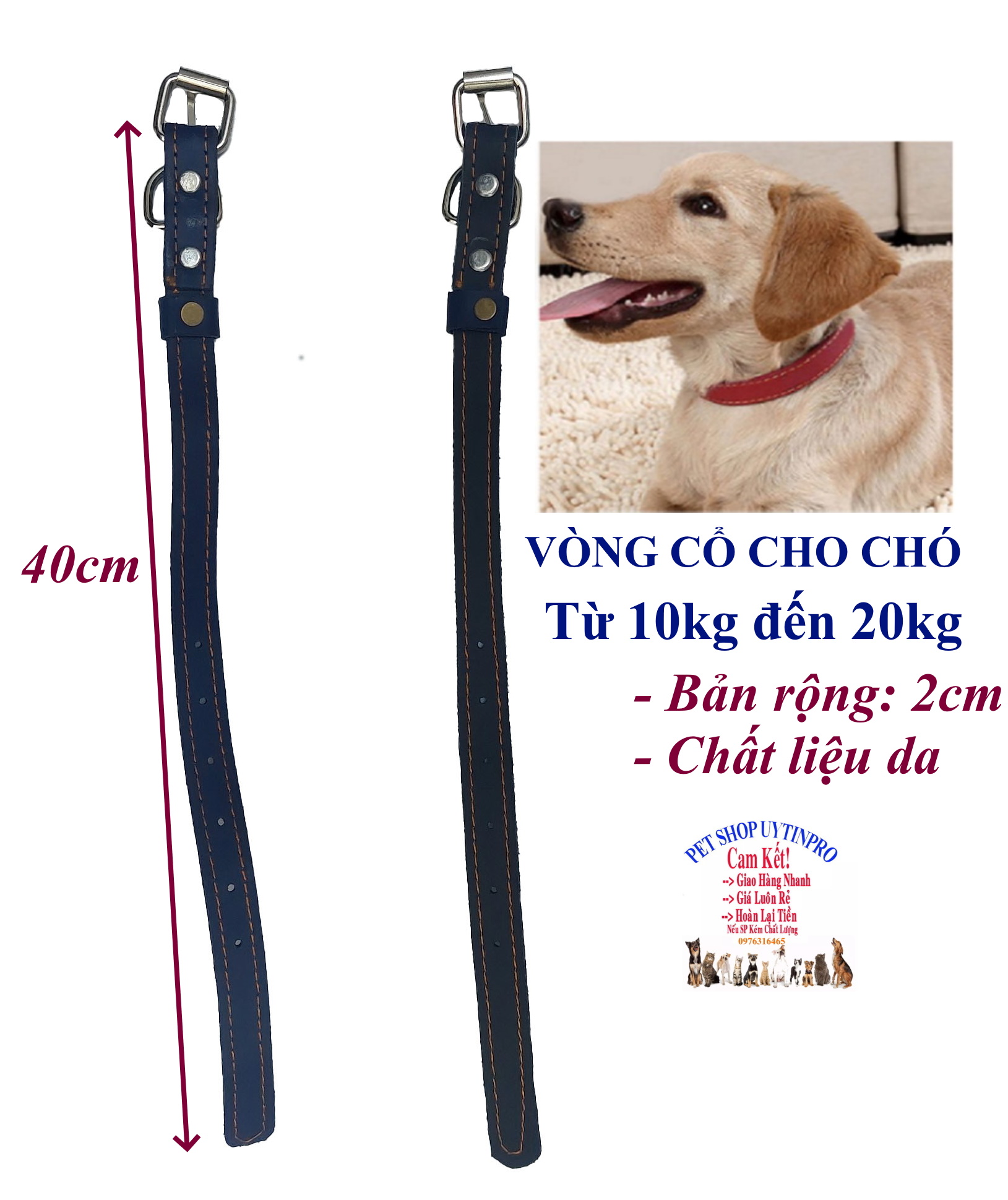 Vòng cổ cho Chó từ 10kg đến 20kg Bản rộng 2cm Chất liệu da bền đẹp, Chắc chắn, An toàn cho Thú cưng