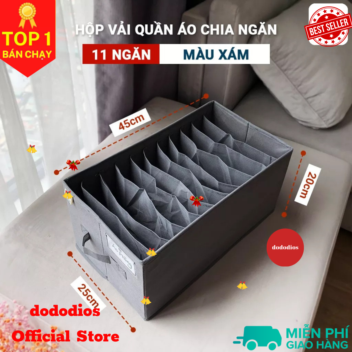 Hình ảnh 12 Ngăn - Hộp vải đựng quần áo chia ngăn dododios chất liệu vải không dệt giỏ đựng quần áo đồ lót chia 7, 9 và 12 ngăn