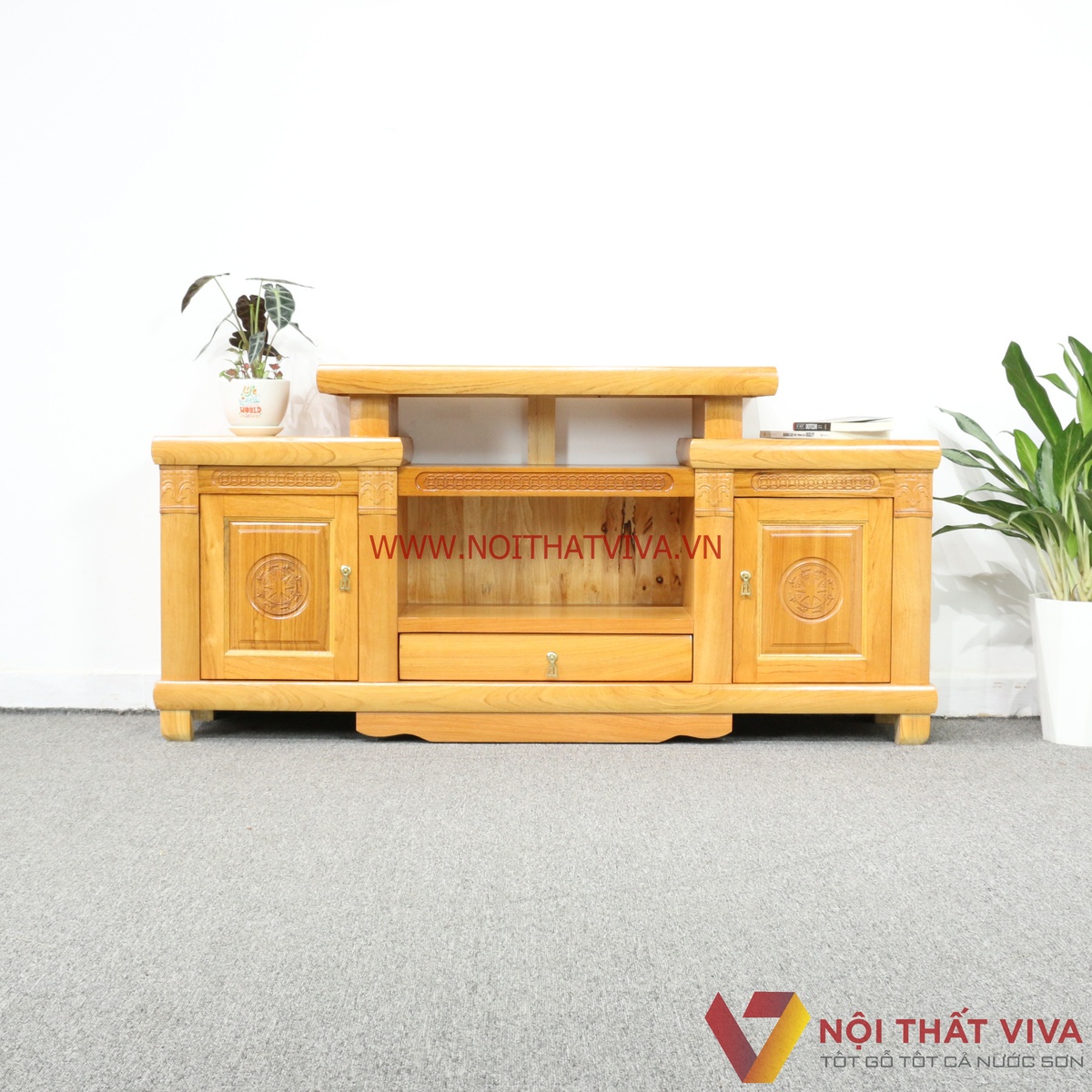 Kệ Tivi Gỗ Gõ Đỏ 1m6 Chạm Trống Đồng 2 Tầng Đẹp Giá Rẻ
