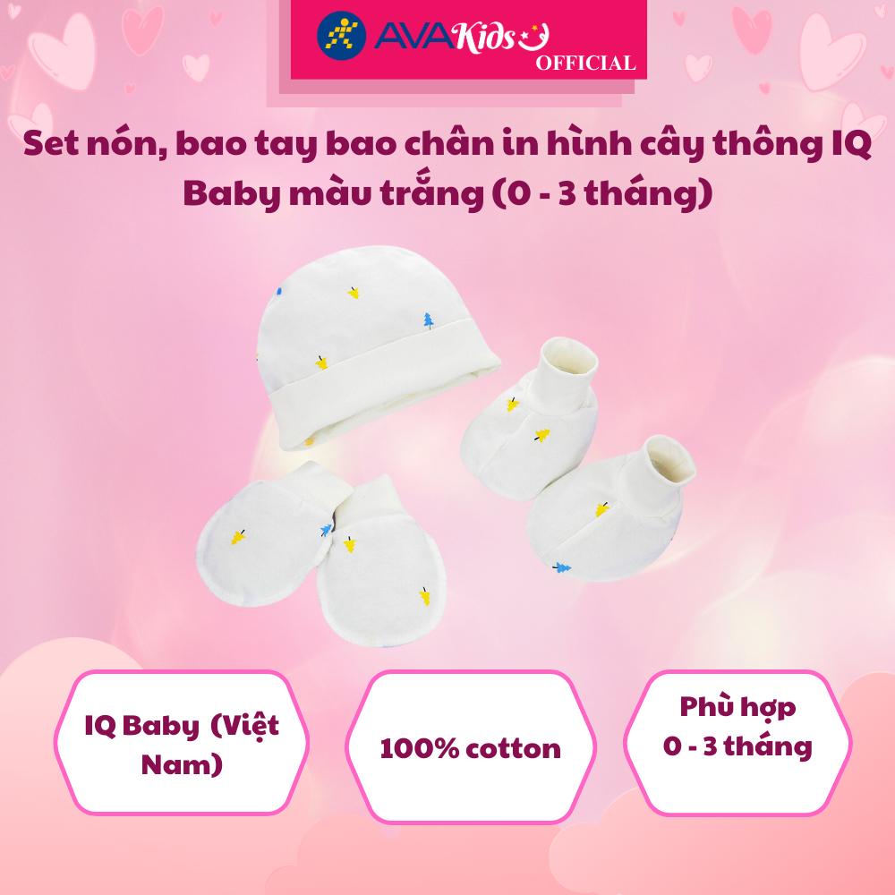 Set nón, bao tay bao chân in hình cây thông IQ Baby màu trắng (0 - 3 tháng) - Hàng Chính Hãng