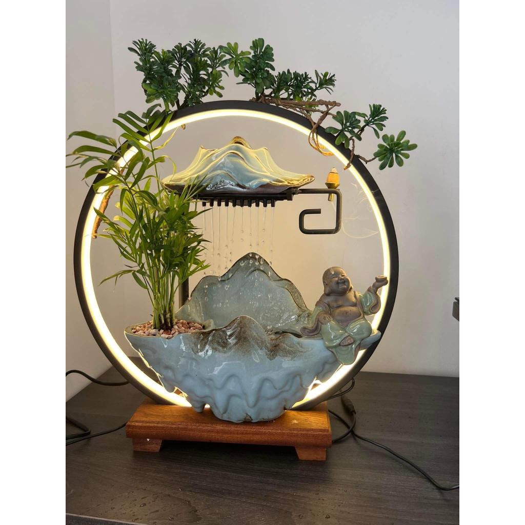 Thác nước, thác khói hương trầm phong thuỷ Di Lạc Tài Lộc mang lại may mắn cho gia chủ có cây xanh, thác nước pho
