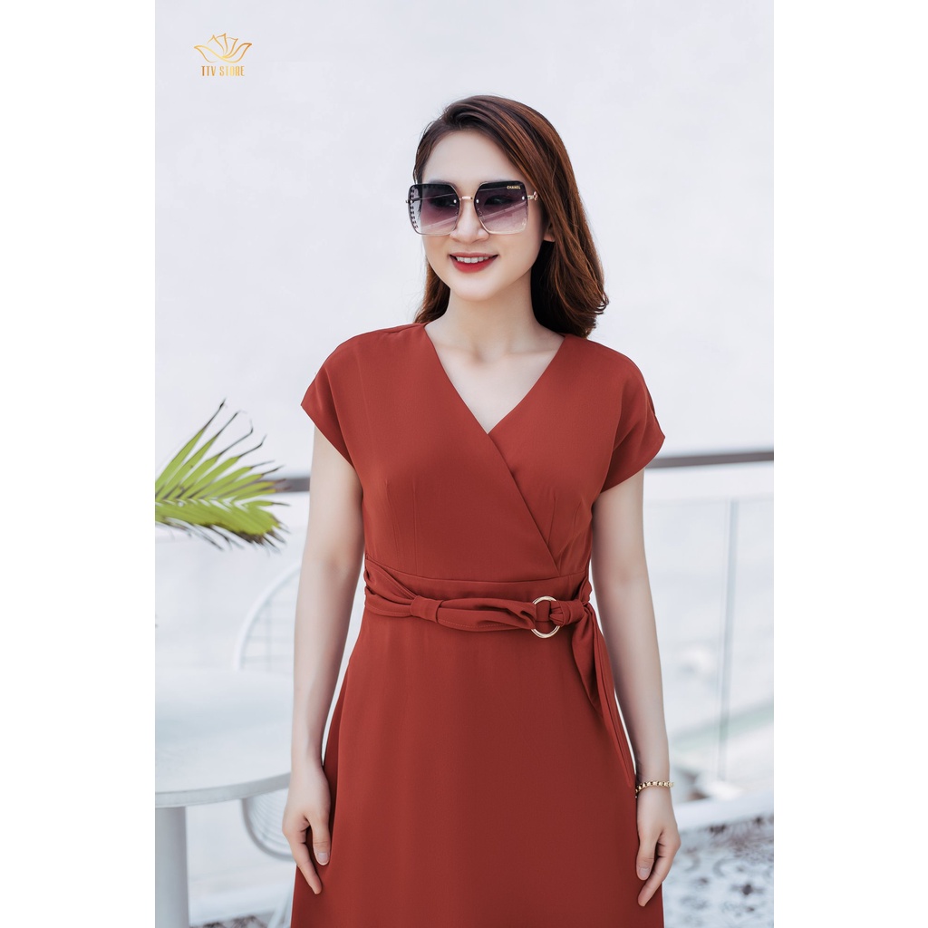 Đầm form A công sở TTV1103 TTV Store thiết kế cổ đắp chéo tay cánh dơi màu cam gạch