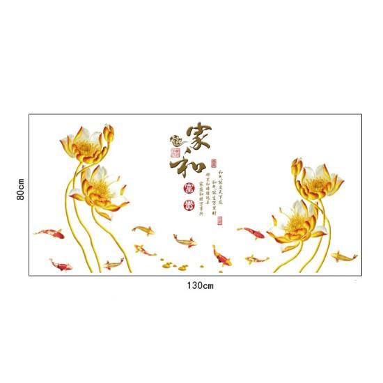 Decal trang trí tường - Hoa Sen Vàng Sáng chữ tàu sang trọng