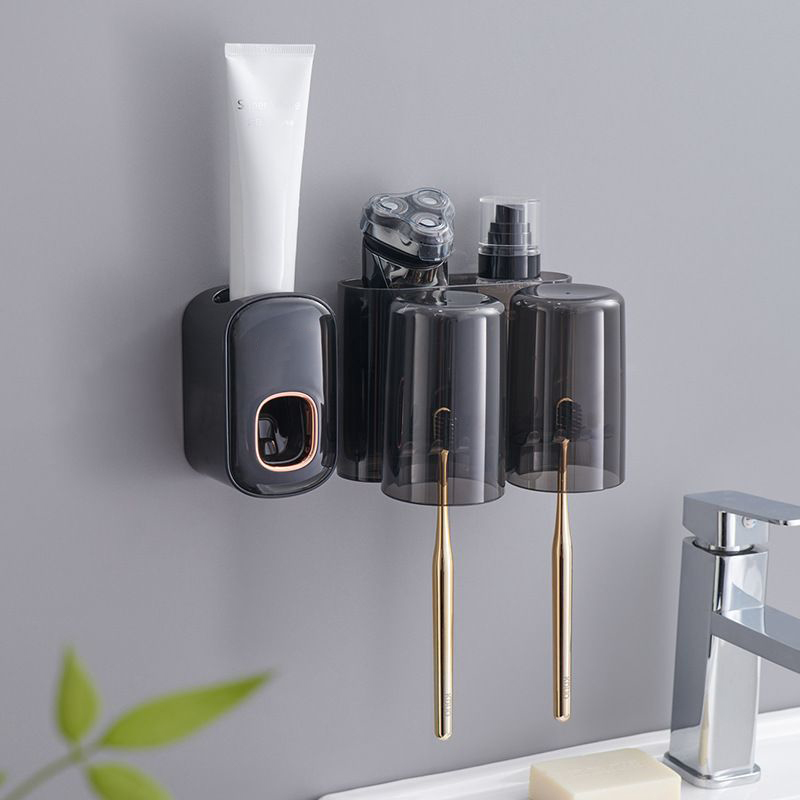 Kệ Cài Bàn Chải Đánh Răng Kèm Cốc Màu Trong Suốt - Nhả Kem Đánh Răng Tự Động, Kệ Để Đồ Nhà Tắm Dán Tường Thông Minh