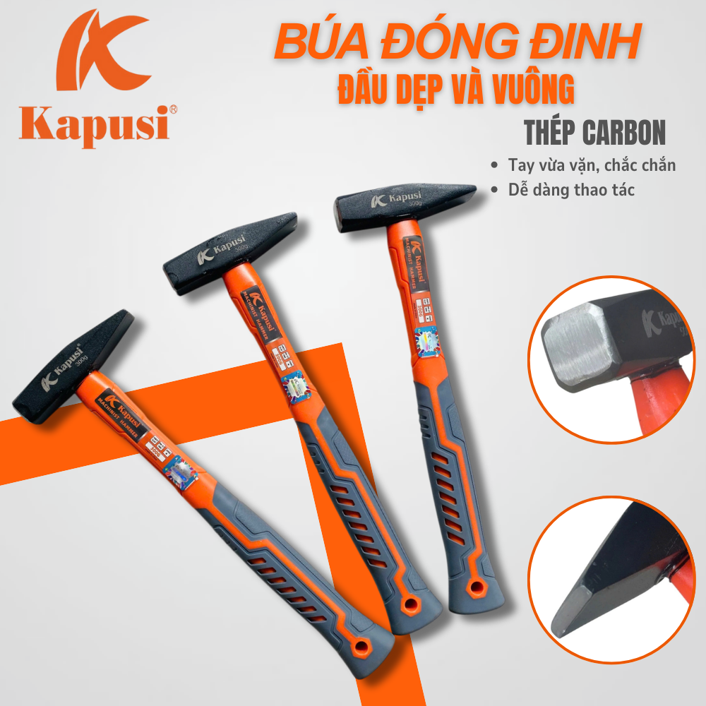 Búa Đóng Đinh Đầu Dẹt (Vát) Kapusi – Cán Nhựa Chống Trượt – Chất Lượng Cao (1 đầu vuông, 1 đầu vát)