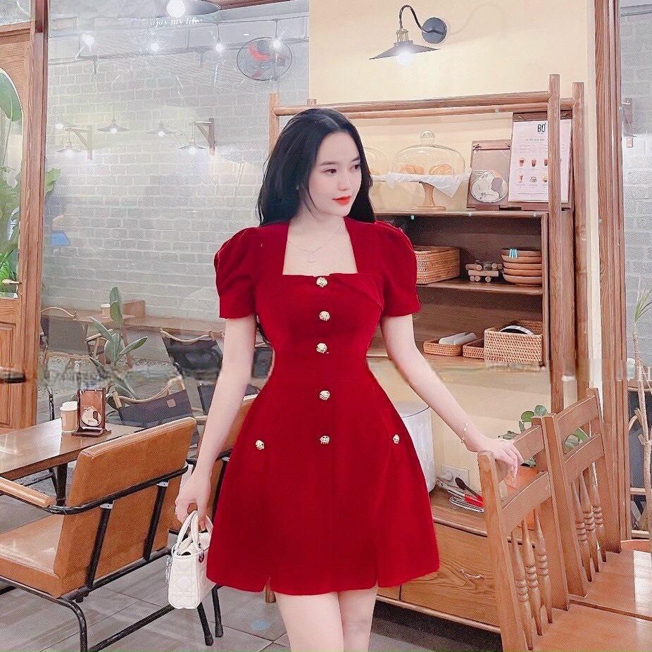 ĐẦM XÒE CỔ VUÔNG TAY PHỒNG ĐÍNH NÚT NGỌC 14115