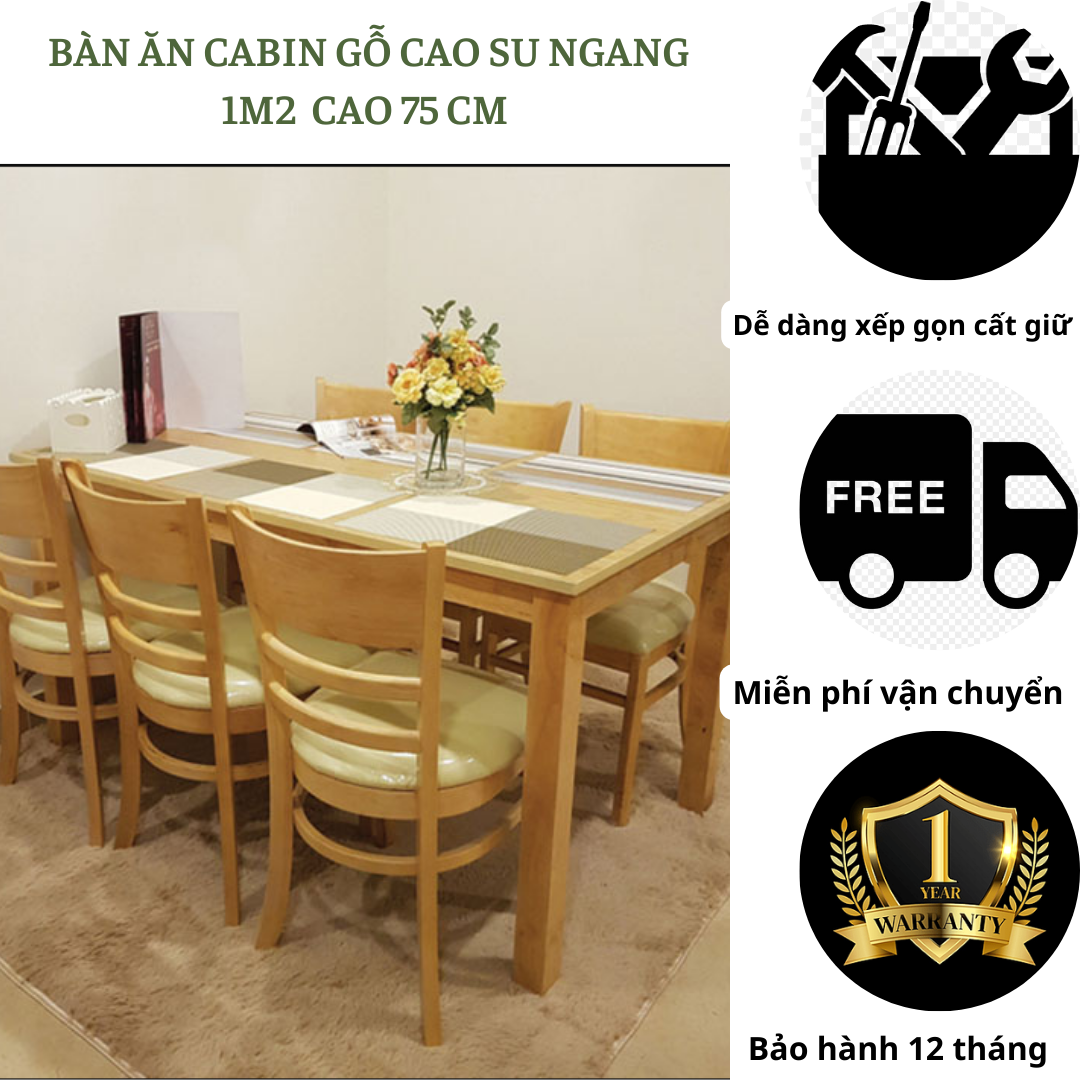Bàn ăn Cabin ngang 1m2 bằng gỗ cao su tự nhiên cứng cáp dành cho gia đình quán ăn nhà hàng quán nước