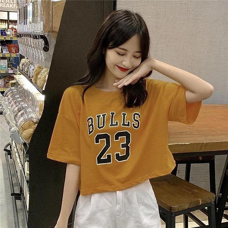 Áo Croptop nữ form rộng in số 23 chất thun dày dặn, Áo thun nữ kiểu Croptop form rộng tay lỡ siêu xinh