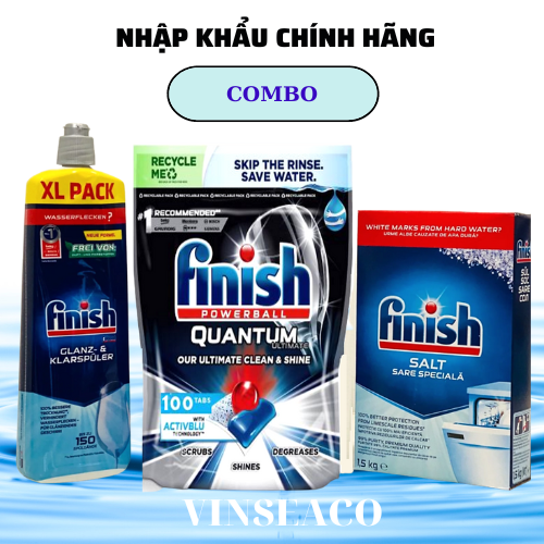 Combo Viên rửa bát Finish Quantum Ultimate 100 Viên + Muối Finish 1,5kg + Nước làm bóng Finish 750ml
