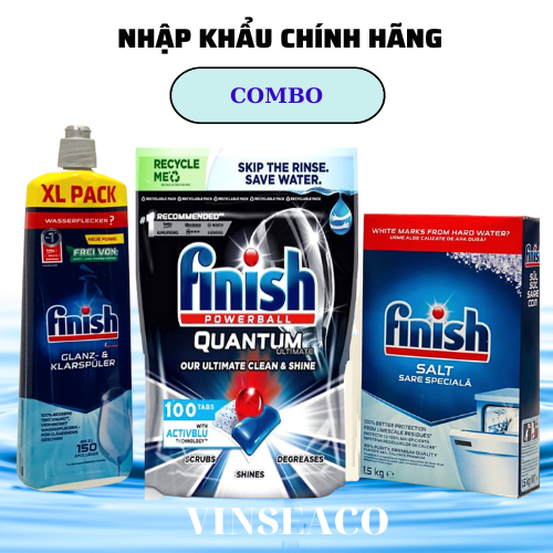 Combo Viên rửa bát Finish Quantum Ultimate 100 Viên + Muối Finish 1,5kg + Nước làm bóng Finish 750ml