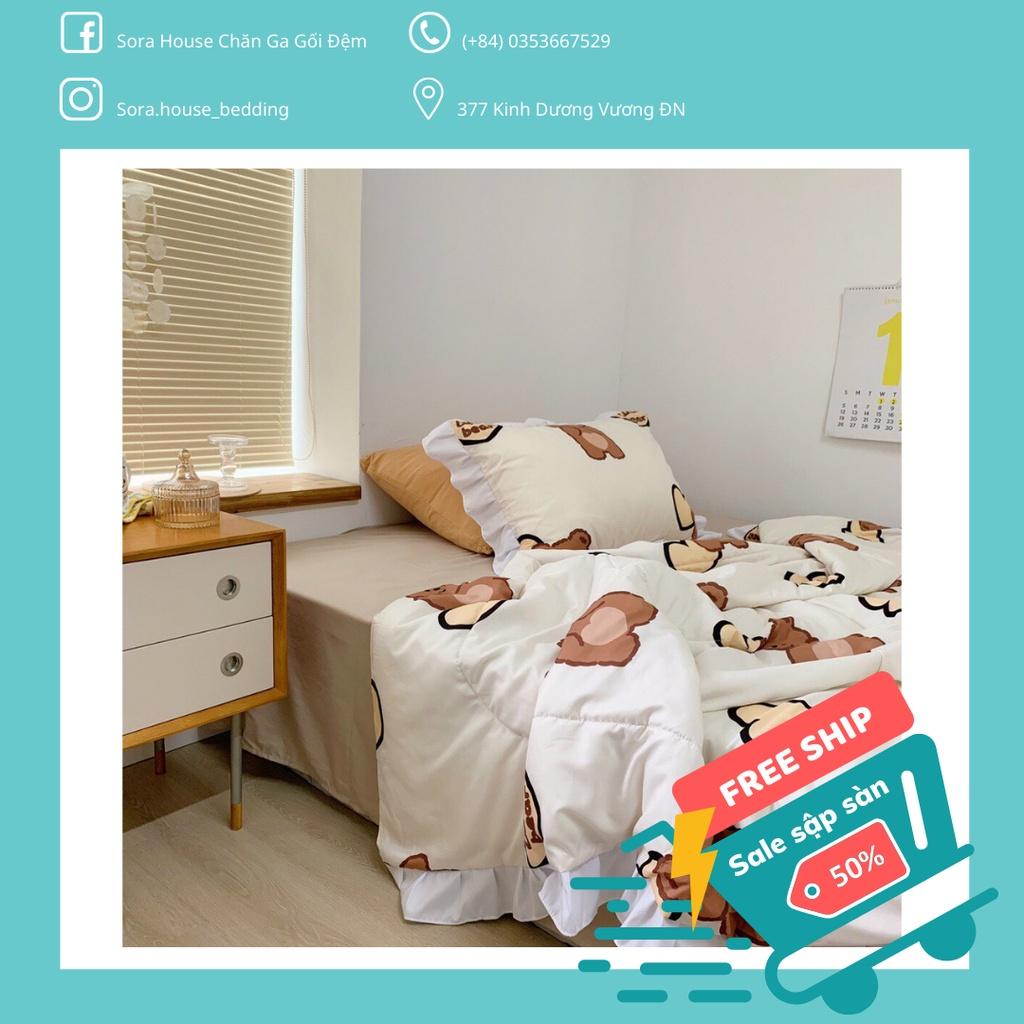 Bộ Chăn Ga Gối Cotton Đũi Bèo Chăn Chần Gấu Nâu
