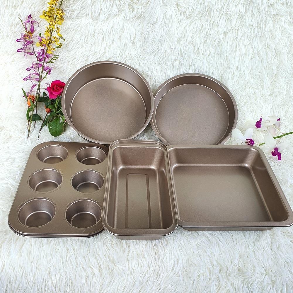Bộ khuôn bánh 5 cái chống dính bằng thép carbon màu vàng đồng nướng bánh ngon đẹp nướng mọi loại bánh