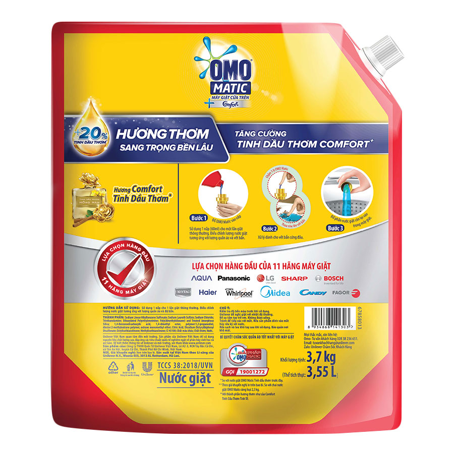 Nước Giặt OMO Matic Comfort Tinh Dầu Thơm Cho Máy Giặt Cửa Trên