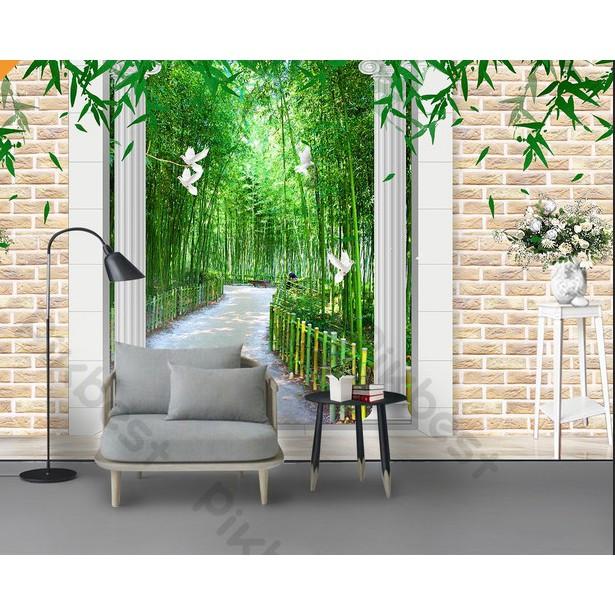 Tranh dán tường Tranh phong thủy hàng rào tre xanh, tranh dán tường 3d hiện đại MS1046261