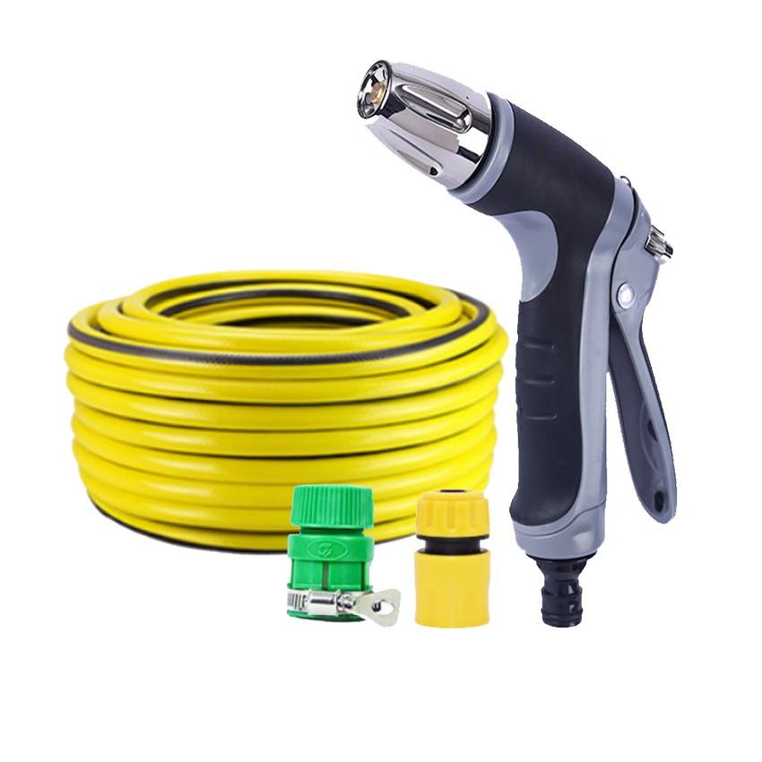 Bộ dây vòi xịt nước rửa xe, tưới cây,tăng áp 3 lần cút nhựa nối nhựa vàng loại 5m 206817
