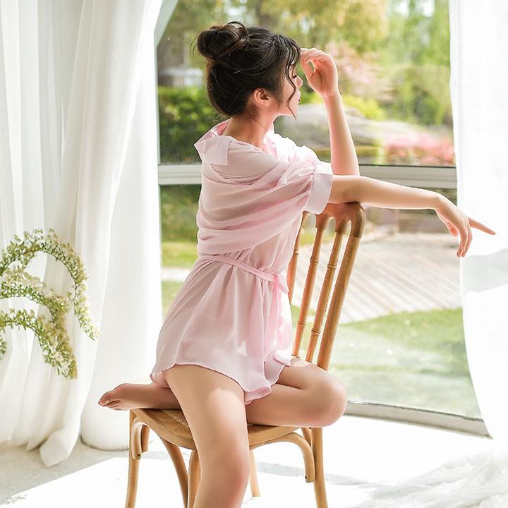 Áo ngủ sơ mi sexy xuyên thấu có dây thắt eo xinh xắn