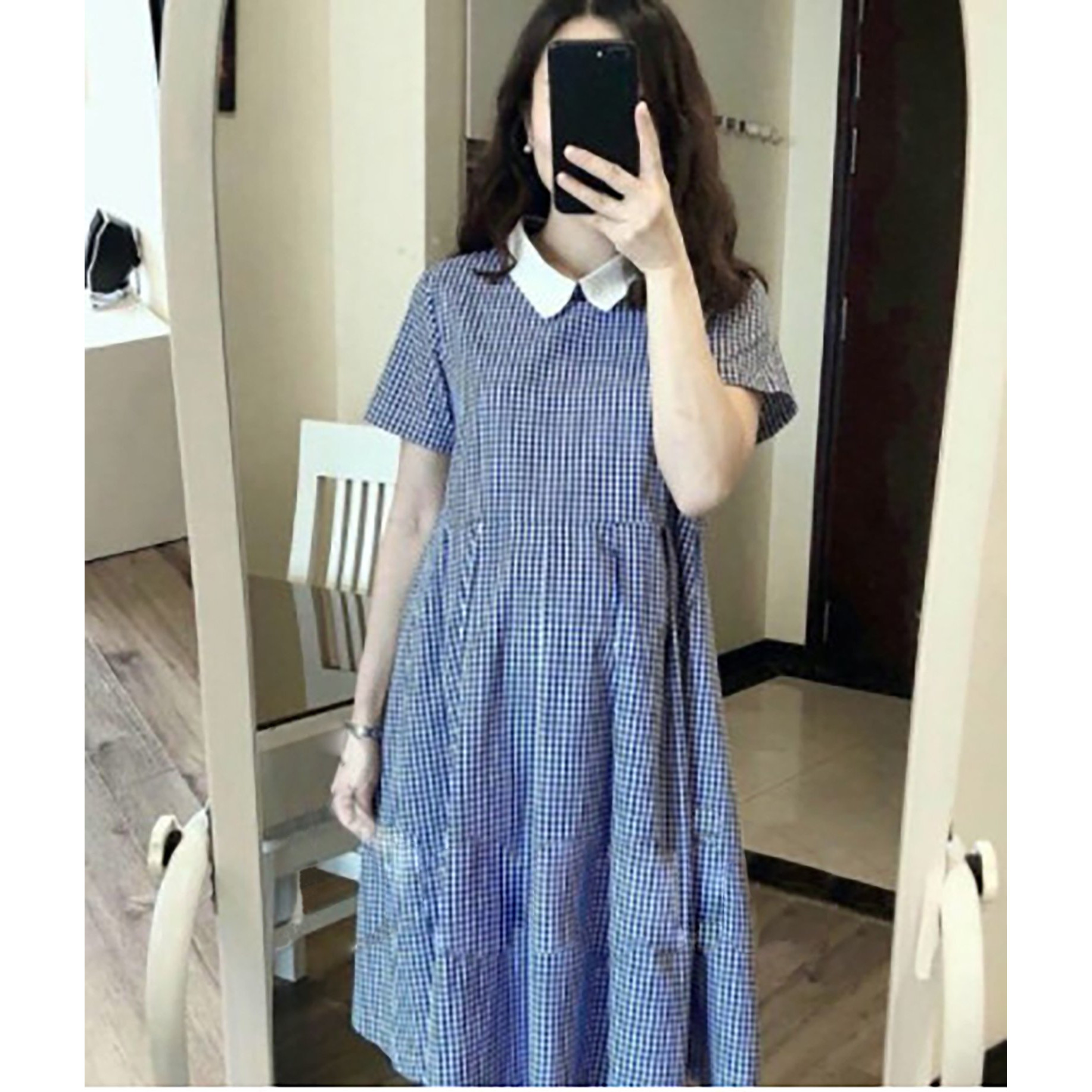 Đầm bầu caro công sở cổ piter