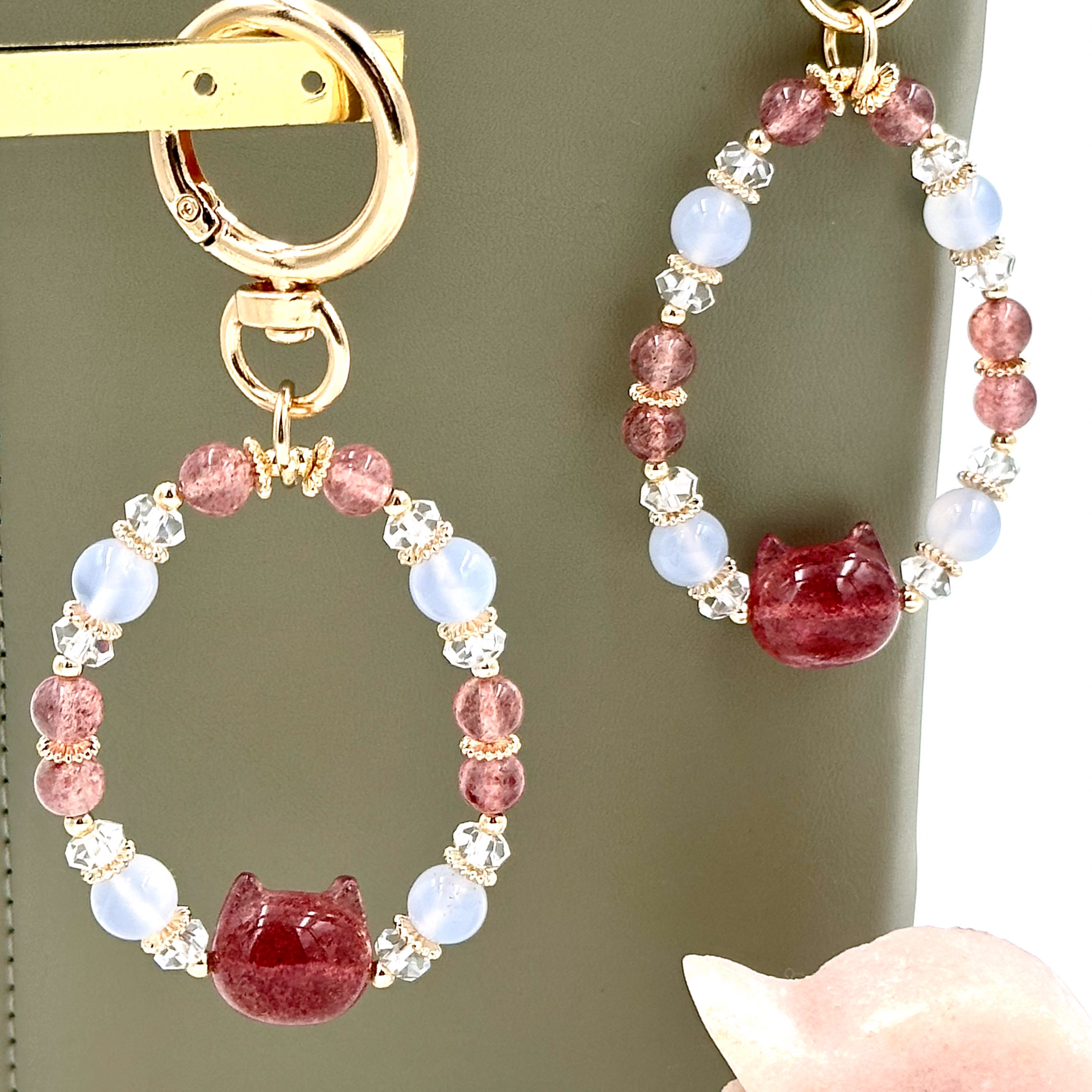 CRZ Bag Charm - Phụ Kiện - Opalite With Strawberry Quartz Cat Head - Móc Khóa Vòng Tay Đá Opal Kèm 1 Charm Thạch Anh Dâu Hình Đầu Mèo