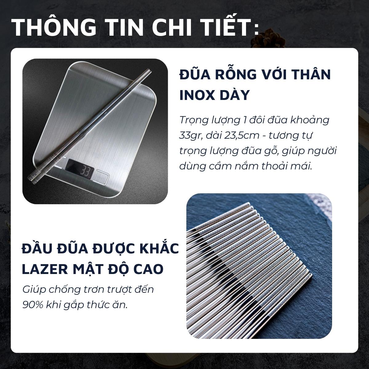 Bộ 10 đôi đũa inox 304 - 316 DandiHome 2020 chống trơn trượt, sang trọng, tinh tế